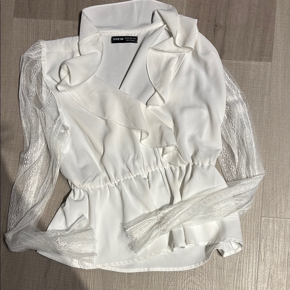 SHEIN White Ruffle Blouse with Sheer Sleeves